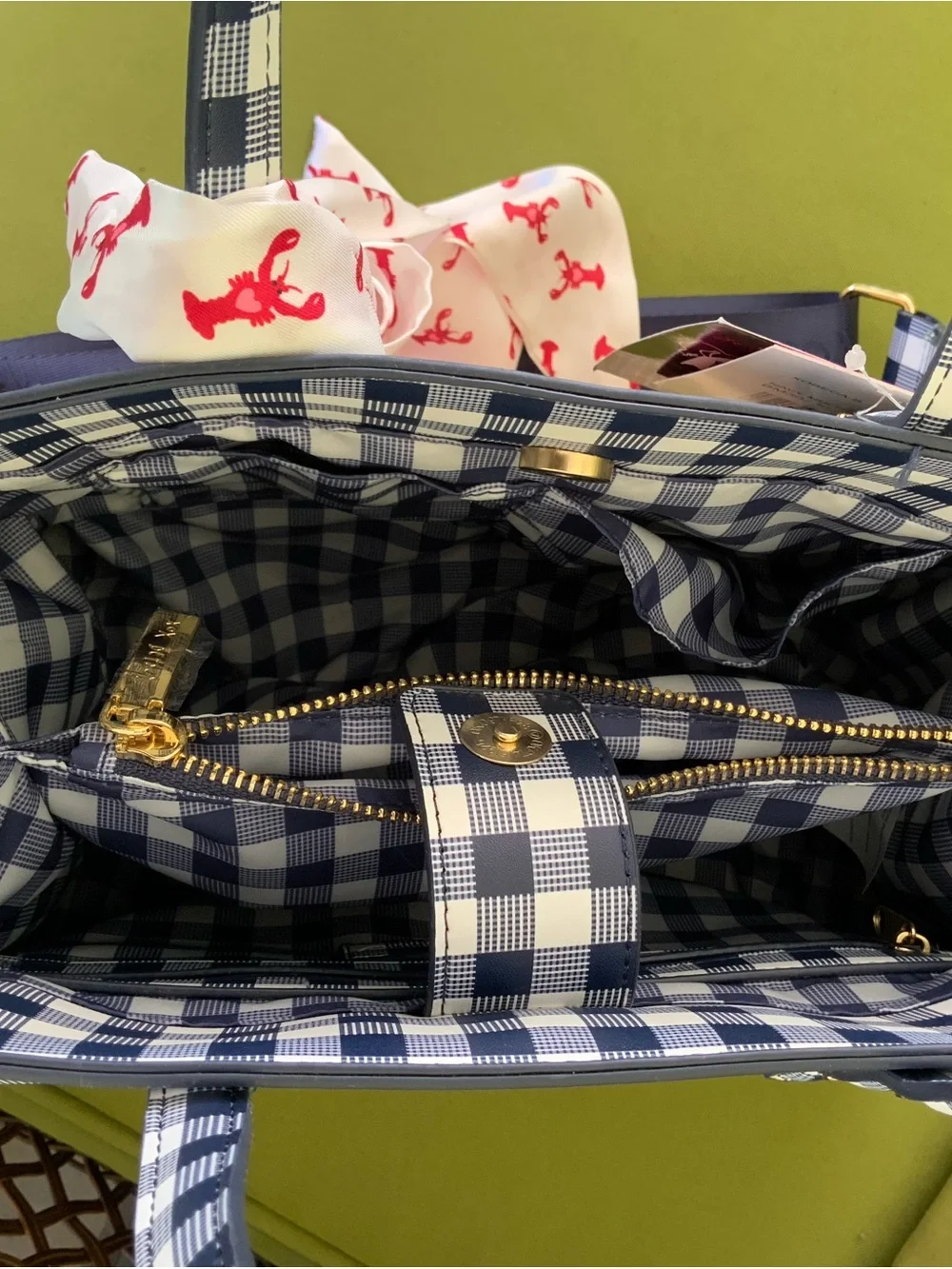 Betsey Johnson Navy and Cream Gingham Straw-Texture Tote with Gold Logo